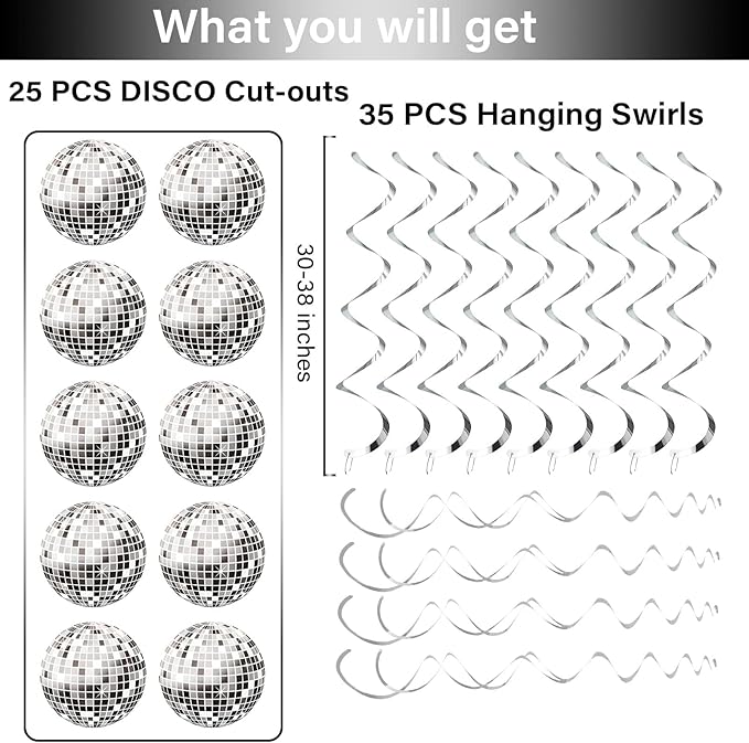 60Pieces Disco Party Decorations 70s Disco Ball Hanging Swirls Disco Party Banner Streamers Hanging Decorations for Retro Disco Garland Party 1970s Birthday Party Hippie Cutouts Favors Supplies