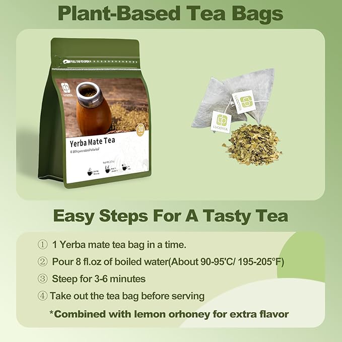 luoptea Unsmoked Yerba Mate Tea Bags from Argentina-100 NAtural Energy&Focus herbal Tea|Antioxidant Rich Detox Tea ,Hot or Iced,Eco-Conscious Compostable Tea bags,No suger,No Gluten,Vegan. (30 tea bags)