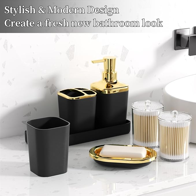 Bathroom Accessories Set - Black Bathroom Set, 9PC Bathroom Accessory Set with Trash Can, Toilet Brush, Qtip Holder Dispenser & Soap