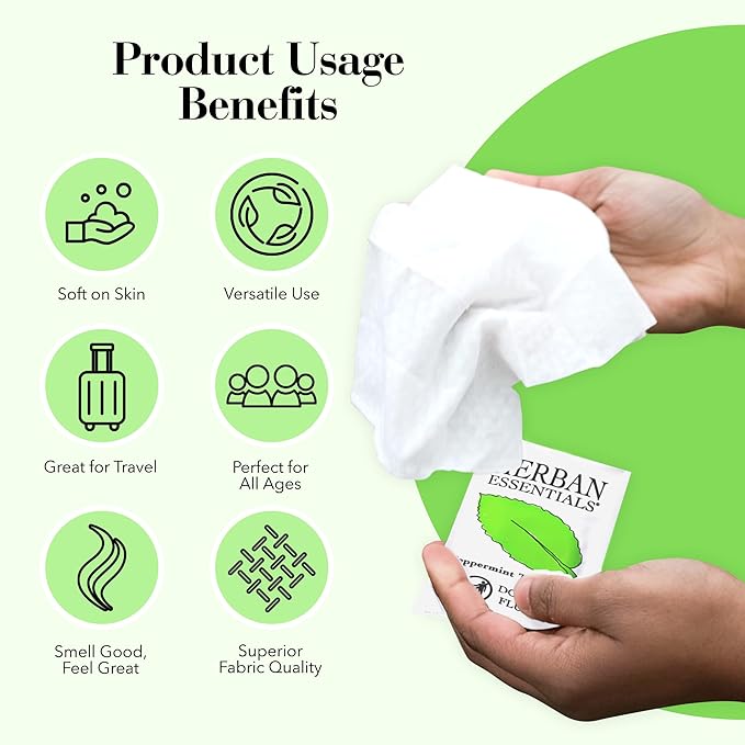 Herban Essentials - Peppermint Wipes & Towelettes - Essential Oil Wipes for Hands & Body - Travel Size Essentials and Toiletries - Natural, Individually Wrapped, Disposable & Moist Refresh (20 count)