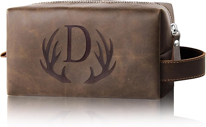 Personalized Travel Toiletry Bag for Men Initial Letter PU Leather Waterproof Shaving Bag for Toiletries Accessories Travel Essentials Storage Bags Fathers Day Birthday Gifts for Men (D)