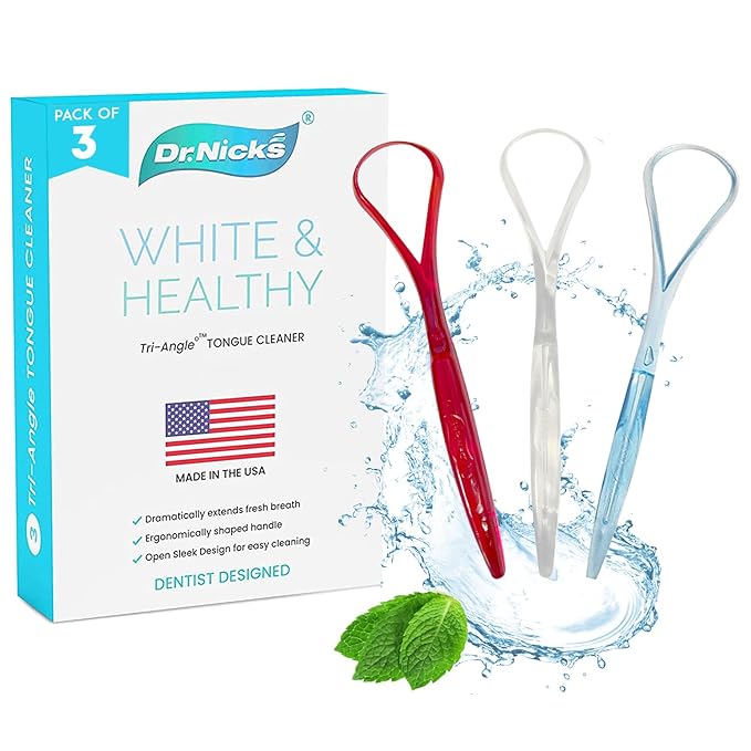 Tongue Scraper (3 pack) 100% BPA Free - Dentist Designed for Fresh Breath - Dr. Nick’s White & Healthy Easy to Use Plastic Tongue Cleaner for Adults (Red White & Blue)