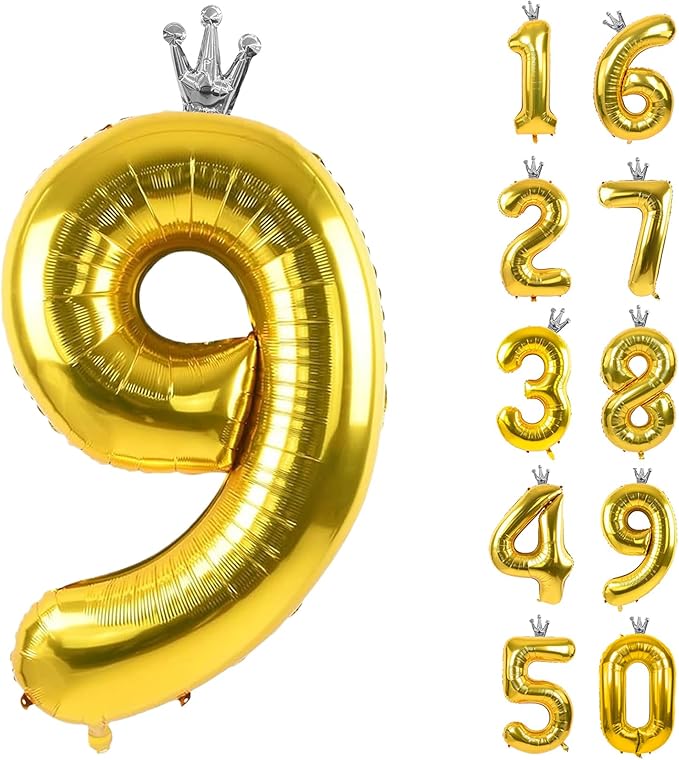 Gold Number 9 Balloon with Crown, 40 inch Gold Number Balloon 9th Birthday Party Decoration Gold Crown Balloons 0-9 for Birthday Party Anniversary Decorations Supplies