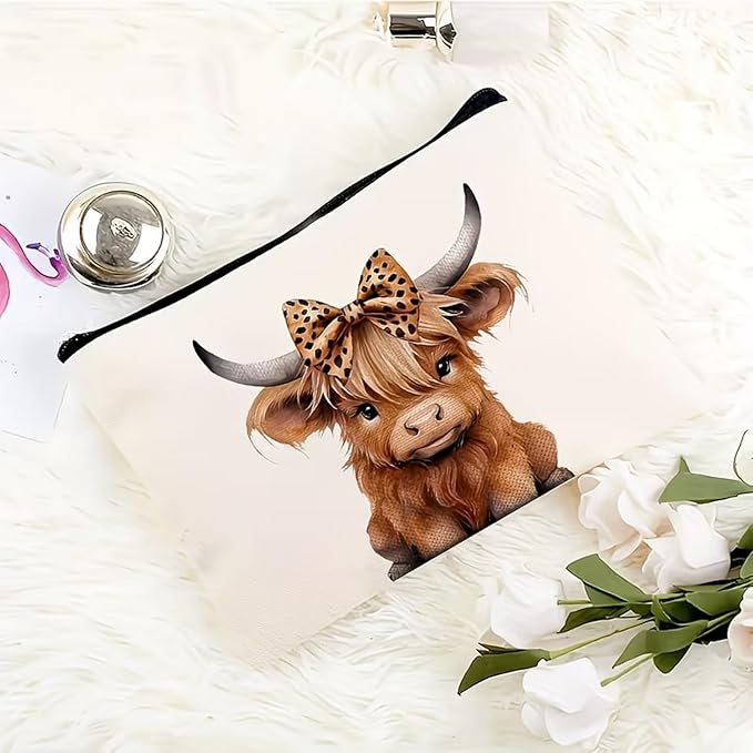 GRITOSE Spring Small Makeup Bag Cute Cattle with Brown Bow designs Cosmetic Bag Work Toiletry Bags Accessories for Family Friend Student Workday Birthday Gift Travel Pouch with Zipper