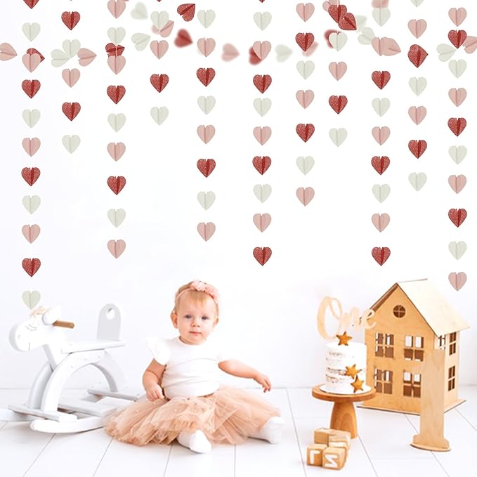 Rose-Gold Pink White Galentines-Decorations Heart Garland - 39Ft 3D Valentines Day Party Hanging Paper Streamers Banner,Engagement Wedding Bachelorette Baby Bridal Shower Mothers Decor Ouruola
