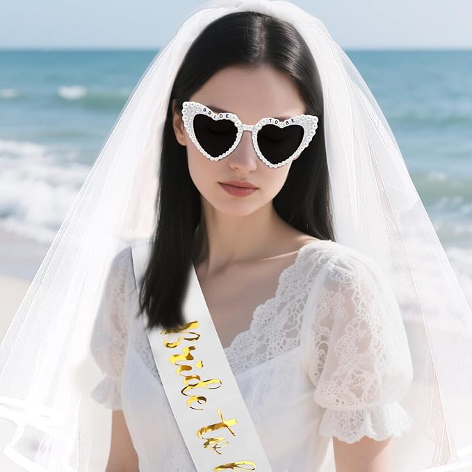 Bride to Be Set: Pearl-Trimmed Heart Sunglasses, Pearl BRIDE Sash & Tulle Veil - Bachelorette Party Bridal Accessories