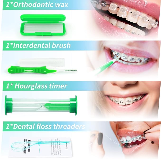 Annhua 8 Pcs Orthodontic Care Kit for Braces, Portable Braces Kit Cleaning Tools Tooth Pick Hygiene Set with Interdental Brush, Ortho Wax, Floss, Oral Mirror Included - Green