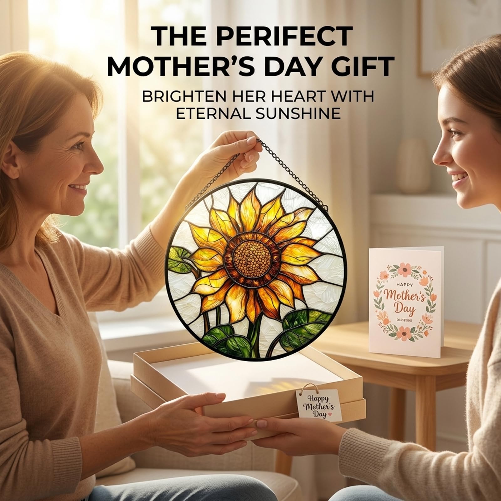 Sunflower Gifts for Women - Yellow Flower Faux Stained Glass Window Hanging Sun Catcher for Door Garden Acrylic Decor Mother's Day Christmas Birthday Gift for Mom Nana Grandma Sisters Colleague 6.3"