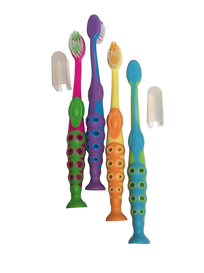 Secret for Longevity 4 Pack BPA Free Extra Soft Kids Childrens Toddler Child Toothbrush Set Easy Grip (3-8 Year Old)