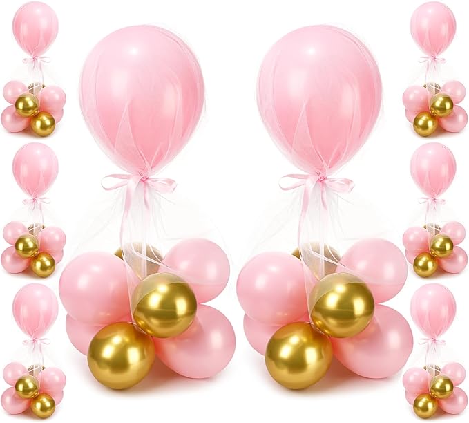 BBTO 8 Set Table Centerpieces Balloons Stand Kit, 80 Pcs Latex Balloons and Table Stand Holder with Base Tulle for Wedding Birthday Baby Shower Party (Pink, Gold)