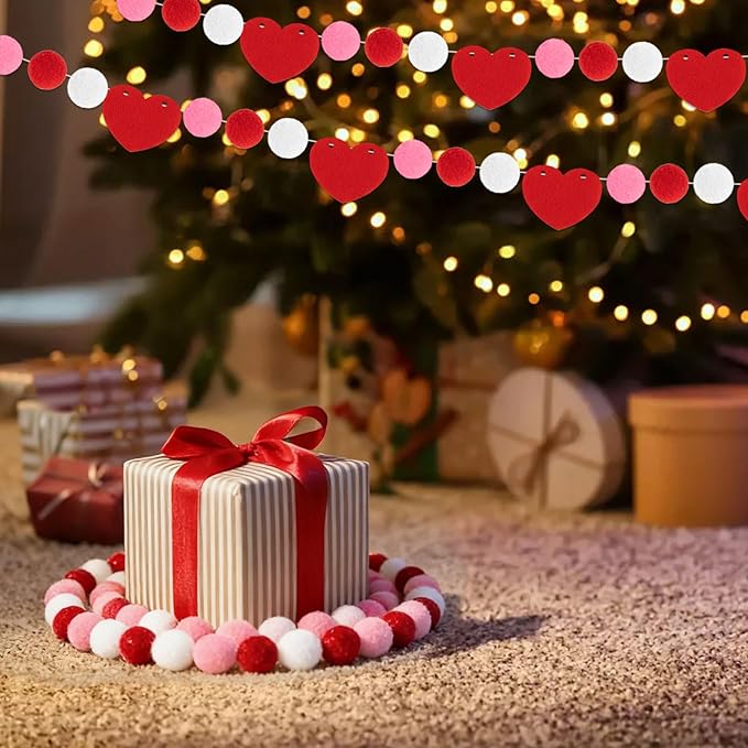 4 Pcs 26.3 Feet Valentine's Day Felt Ball Garland with Red Heart, Red Pink White Pom Pom Garlands Romantic Hanging Decorations for Valentine’s Day Wedding Anniversary Home Wall Decor