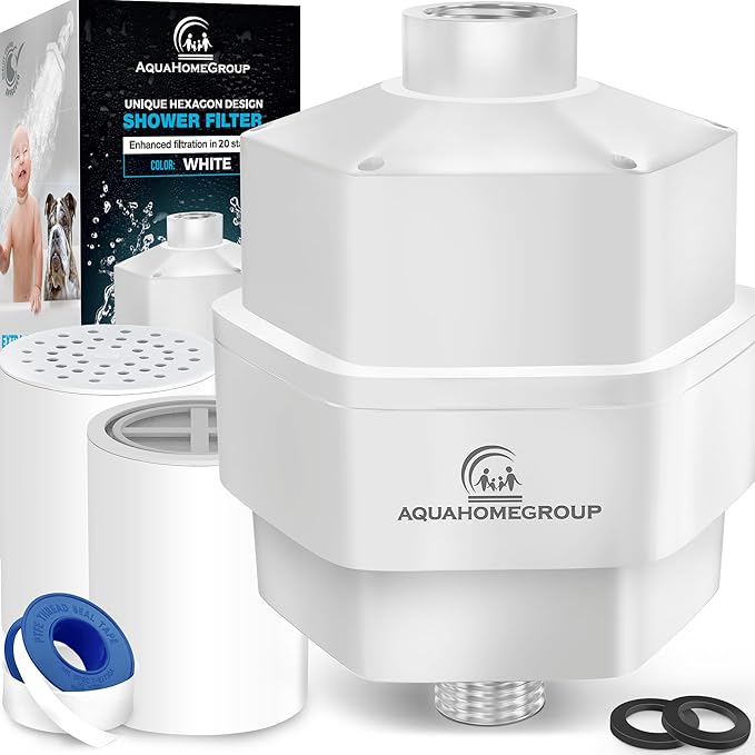 AquaHomeGroup 20 Stage Shower Filter for Hard Water - High Output Universal Shower Head Filter for Chlorine, Fluoride, Heavy Metals - Vitamin C E Shower Water Filter for Hair and Skin (White)
