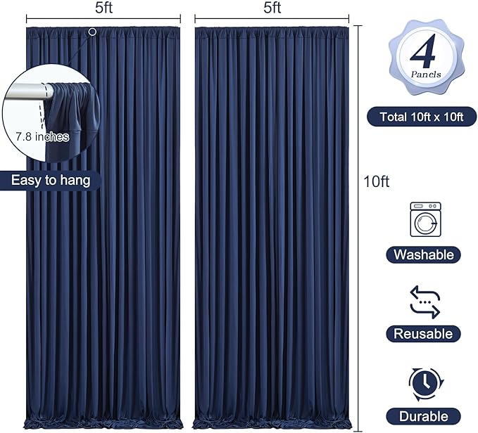 20 x 10ft Navy Blue Backdrop Curtains with Lights String Wrinkle Free Polyester Photo Backdrop Drapes Soft Fabric Curtains for Graduation Birthday Parties Wedding Shower Reception Events-5 x 10ft x 4P