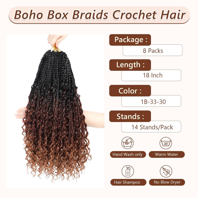 8 Packs Crochet Box Braids Hair-18 Inch Crochet Hair For Black Women Pre loople Crochet Hair with Curly Ends Goddess Box Braids Crochet Hair Braiding Hair Crochet Braids Hair for Black Women(1B/33/30)