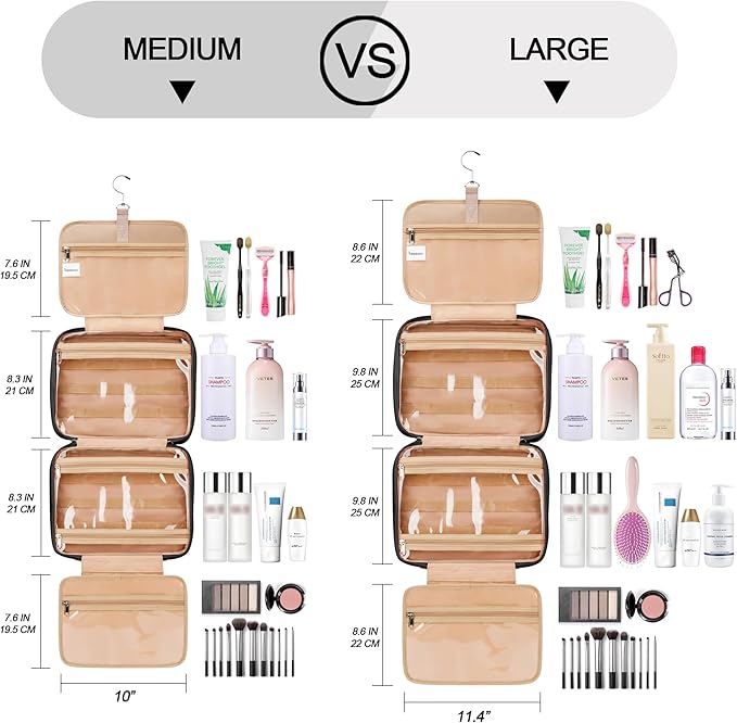 Travel Hanging Toiletry Bag for Women, Large Makeup Bag 8 Leak Proofing Silicone Bottle Covers, Waterproof Cosmetic Bag with Jewelry Organizer Compartment, Toiletries Kit Set, Black