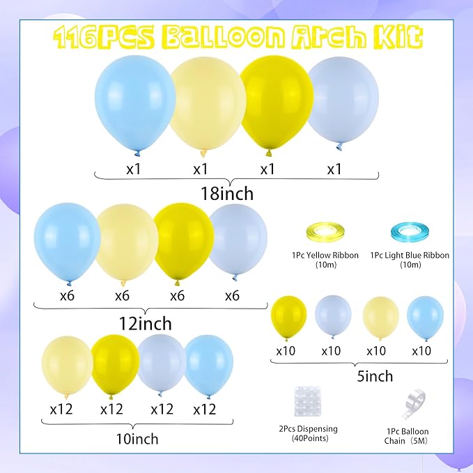 FunHot Blue Yellow Balloon Garland Arch Kit, Light Blue and Yellow Latex Balloons Large Maca Party Balloons for Kids Birthday Baby Shower Wedding Anniversary Party Decorations