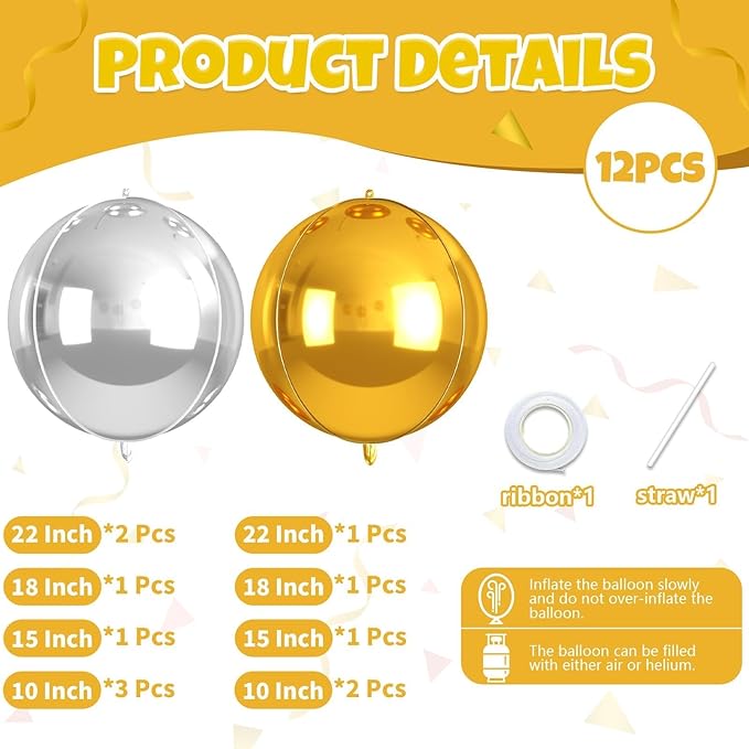 Gold and Silver Round Balloons Foil, 12 Pcs Round Shaped Balloon 4D Different Size 22" 18" 15" 10", Metallic Gold Silver Balloons for Prom Graduation Baby Shower Birthday New Years Party Decorations