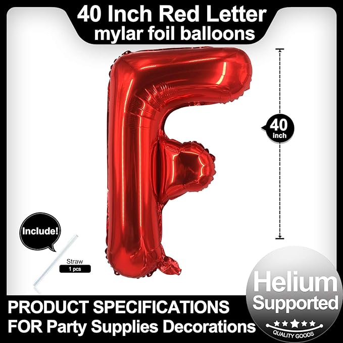 40 Inch Red Letter F Balloons, DIY Phrase Foil Alphabet Letter F Balloons DIY Word F Banner for Birthday Anniversary Celebration Graduation Party Supplies Decoration