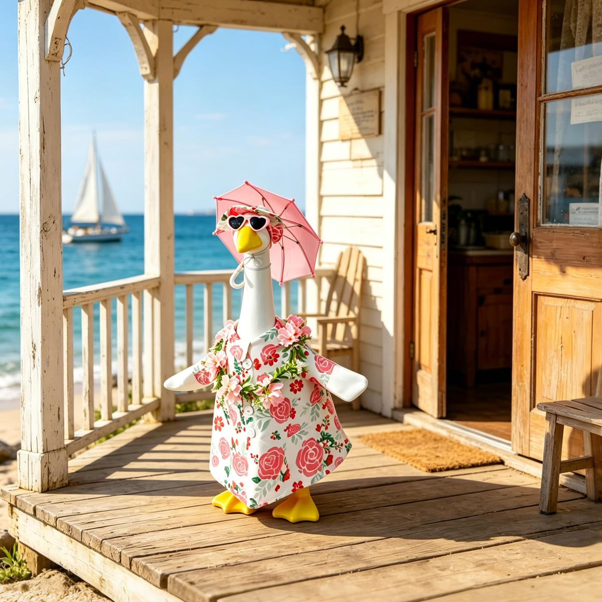 Summer 23" Pink Floral Porch Goose Set w/ Hat, Umbrella & Heart Sunglasses