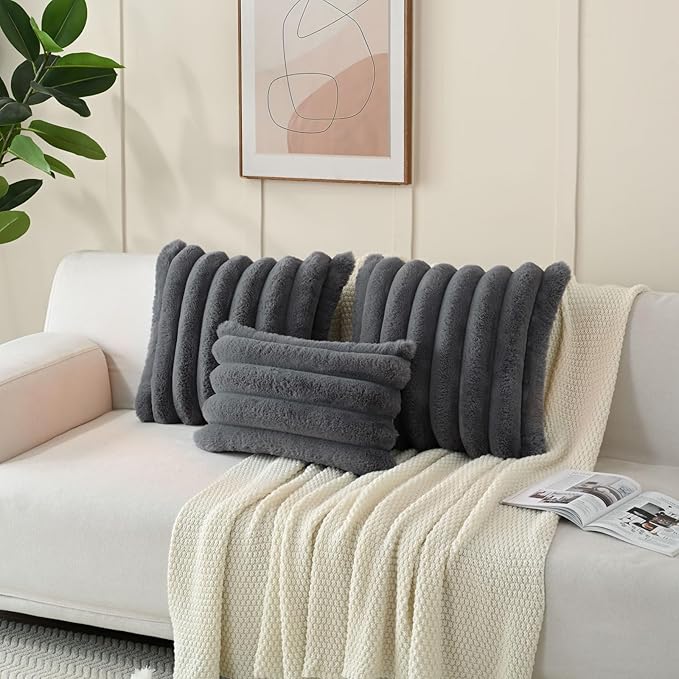 FUTEI Dark Grey Decorative Throw Pillow Covers 18x18 Inch Set of 2, Square Soft Faux Rabbit Fur Big Striped Cushion Cover,Home Decor for Couch Sofa Bed Living Room