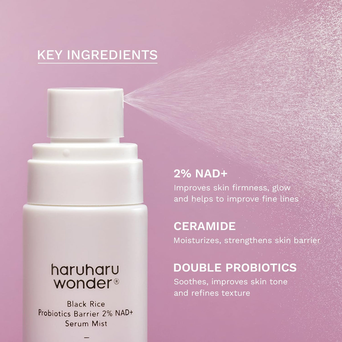 haruharu Wonder Black Rice Probiotics 2% NAD+ Serum Mist, Ultra-Fine Mist, Hydrating & Plumping, Barrier Support, Sensitive Skin, Ceramide, Korean Skincare, Vegan, 2.70 fl.oz
