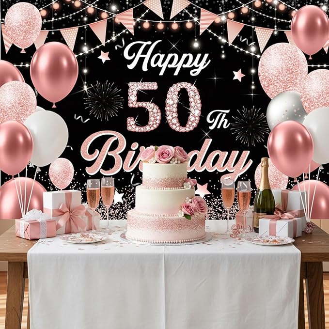 50th Birthday Decorations for Women - Happy 50th Birthday Banner Decorations Cheers to 50 Years Birthday Party Indoor and Outdoor Decoration Suppiles Pink Backdrop for 50th Birthday Party Favors Decor
