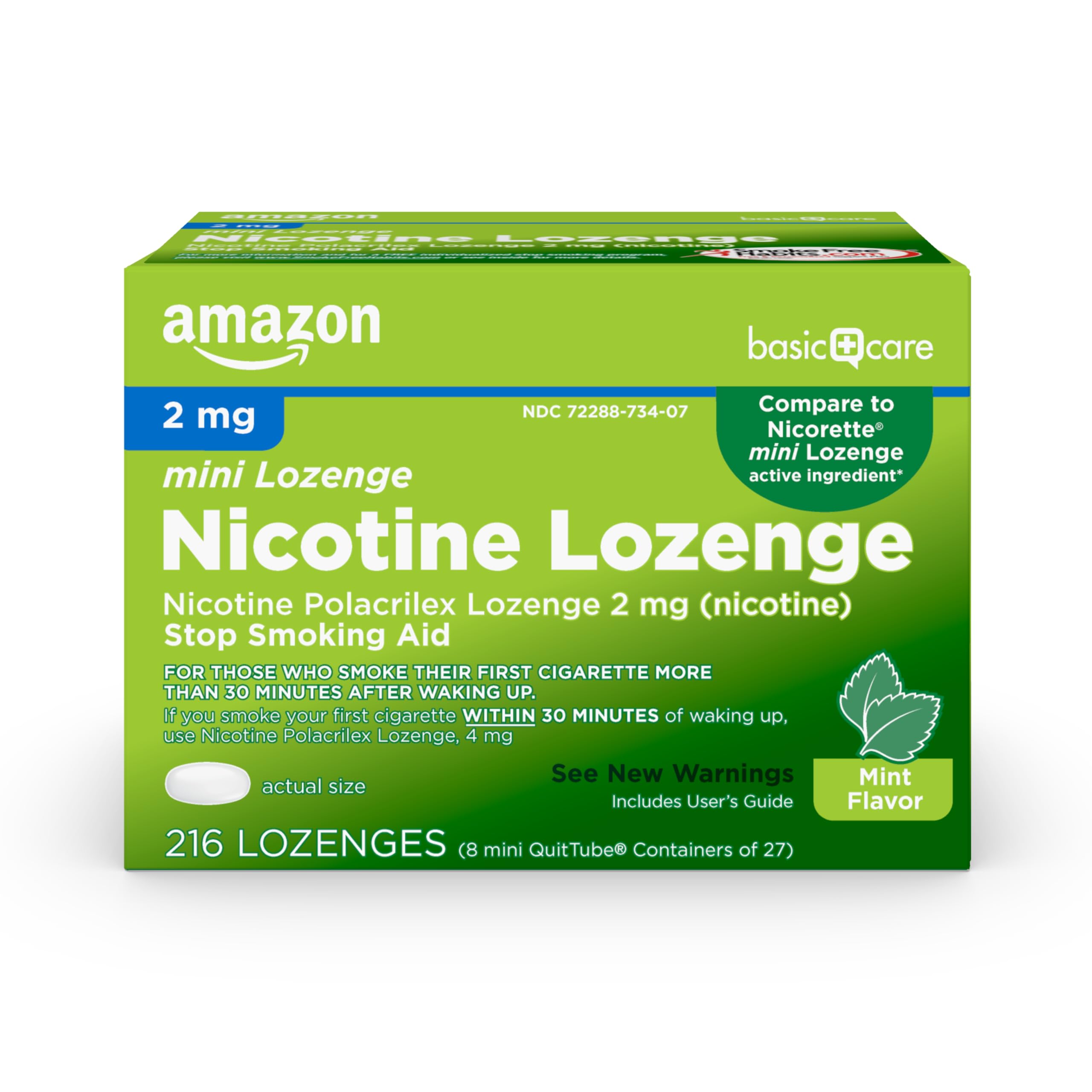 Amazon Basic Care Mini Nicotine Polacrilex Lozenge, 2 mg, Stop Smoking Aid, Mint Flavor, 216 Count