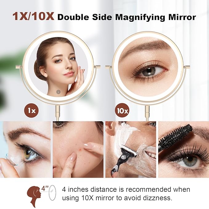 Rechargeable Wall Mounted Makeup Mirror - 8 Inch Double Sided 1X/10X Magnifying Mirror with 3 Color Lights Dimmable Touch Screen, 360°Swivel 19.6 Inch Extendable Accordion Bathroom Mirror - Nickel