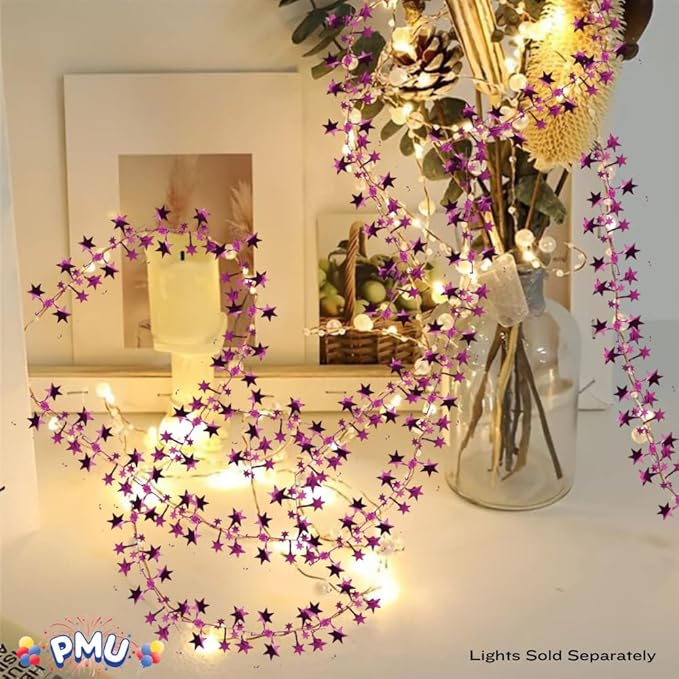 PMU 150 Ft Star Wire Shiny Garland Hot Pink - Halloween, Christmas Party, Wedding, Birthday, Festive Home Decoration Ornament Hot Pink (6pc-25Ft Each)