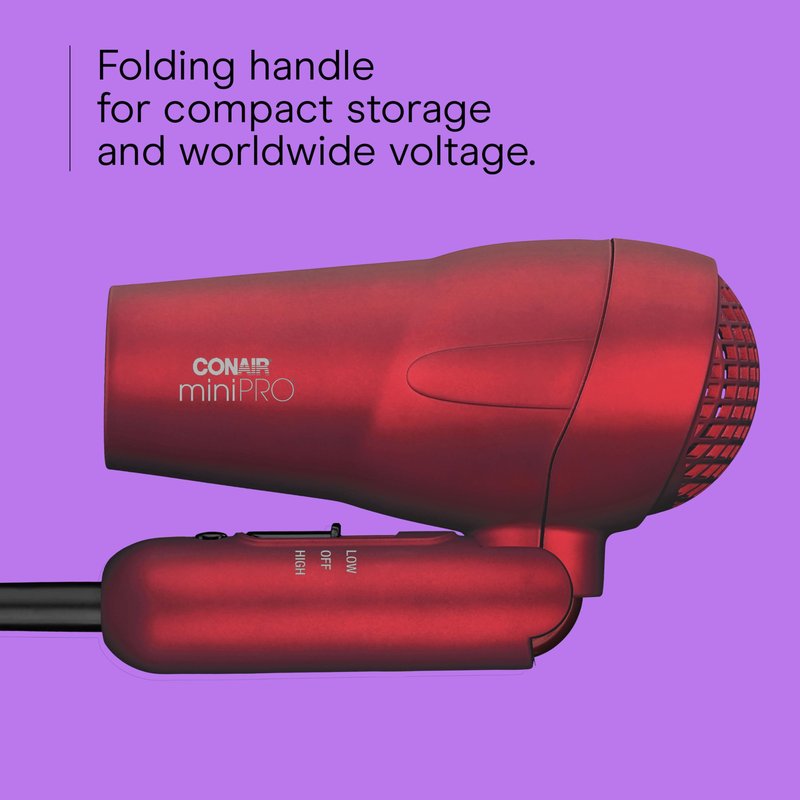 Conair Mini Pro Hair Dryer, Travel Hair Dryer with Folding Handle, Red