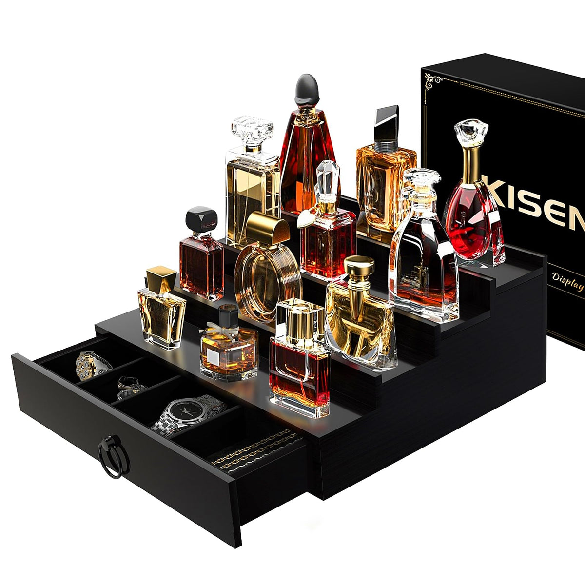 KISENG Cologne Organizer for Men, 4 Tier Cologne Stand with Drawer, Perfume Holder with Hidden Compartment, Fragrance Stand Shelf A Great Gift for Man, Black