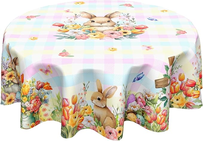 Easter Rabbit Round Tablecloth Pink Blue Pliad Circle Table Cloth 60 Inch Farmhouse Floral Table Cover Washable Polyester Indoor Decorations for Home Kitchen Dinning Party