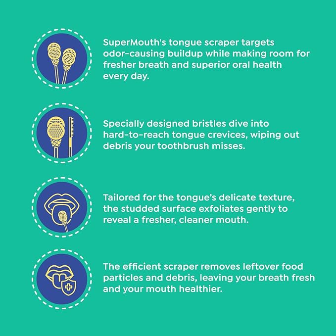 SuperMouth® Double Scoop Kids Tongue Scraper – Dual-Sided Brush & Scraper Removes Odor-Causing Buildup, Fights Bad Breath, Easy-Grip Ice Cream Design, 3 Yummy Scents, Ages 6-12, Essential Oral Care