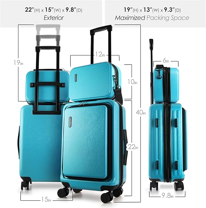 TRAVELARIM 20 Inch Carry On Luggage 22x14x9 Airline Approved, Carry On Suitcase with Wheels, Hard-shell Carry-on Luggage, Durable Luggage Carry-On, Teal Small Suitcase with Cosmetic Case