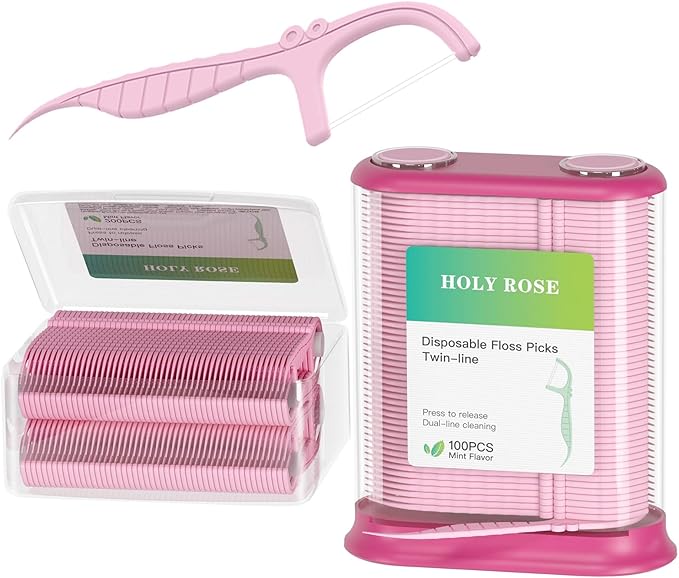 Holy Rose Dental Floss Dispenser with 100 Picks - Flossers Case with 200 Floss Sticks,Mint Flavored,Dual-Line Design,is Perfect Tool for Teeth Cleaning