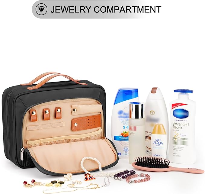 Travel Hanging Toiletry Bag for Women, with Jewelry Organizer Compartment, Medium Waterproof Hanging Makeup Accessories, Cosmetic Essentials, Toiletries Dopp Kit Set with Trolley Belt, Black