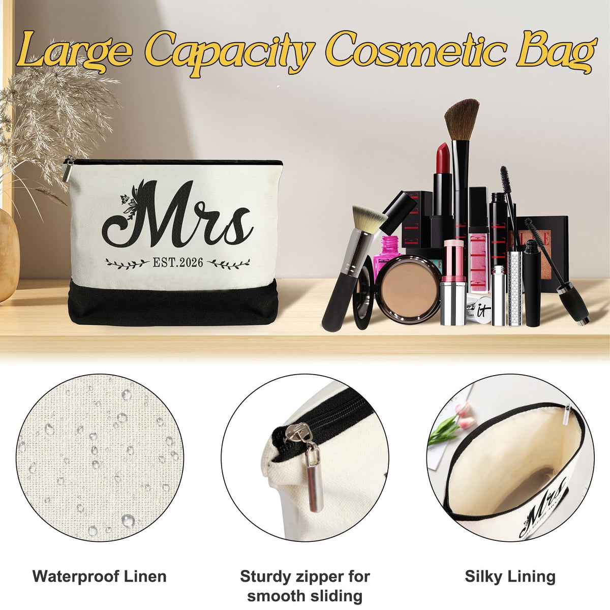 Mrs 2026 Bride Canvas Tote Bag with Makeup Bag, Wedding Bridal Shower Gifts