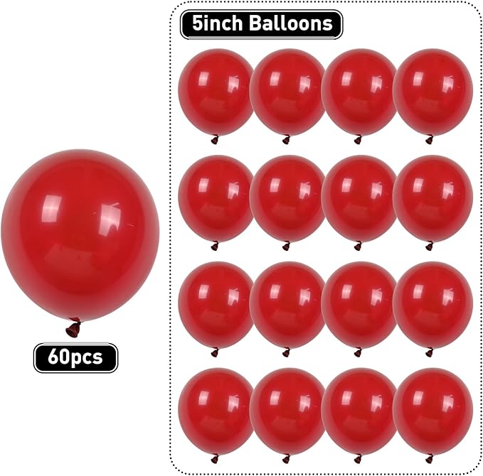 Red Balloons 60pcs 5inch Small Matte Red Balloon for Balloon Garland Arch 5'' Round Mini Red Latex Balloon for Kids Birthday Party Decoration DIY Bridal Shower Valentine's Day Wedding