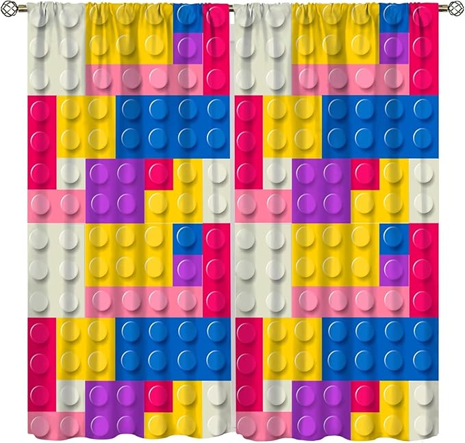 Kids Building Blocks Toy Curtains Children's Room Abstract Outline Colorful Plastic Toys Geometric Bricks Print Curtains for Boys Girls Nursery Curtains 52x84 Inches 2 Panels