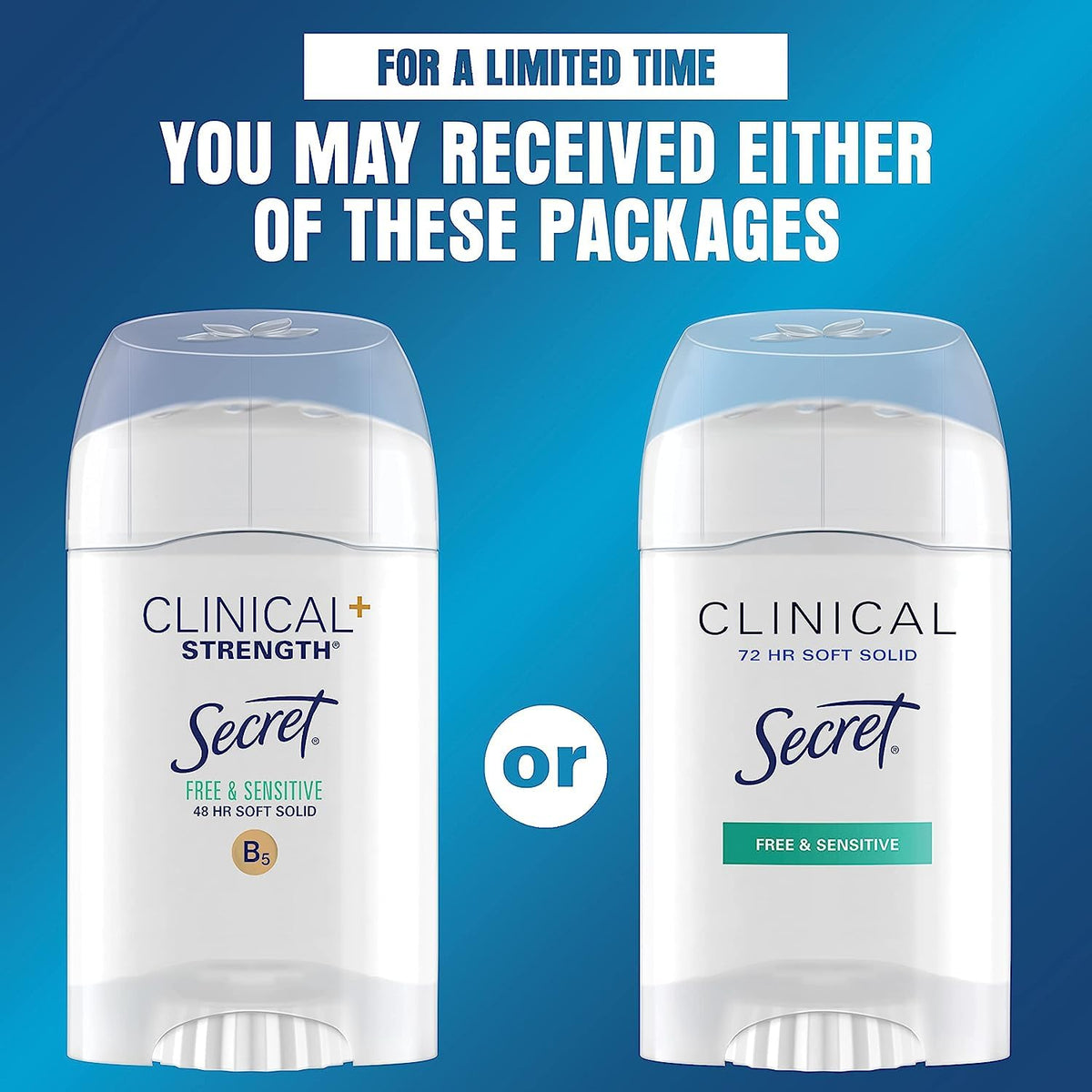 Secret Clinical Strength Soft Solid Antiperspirant and Deodorant for Women, Free & Sensitive, 1.6 oz, Pack of 3