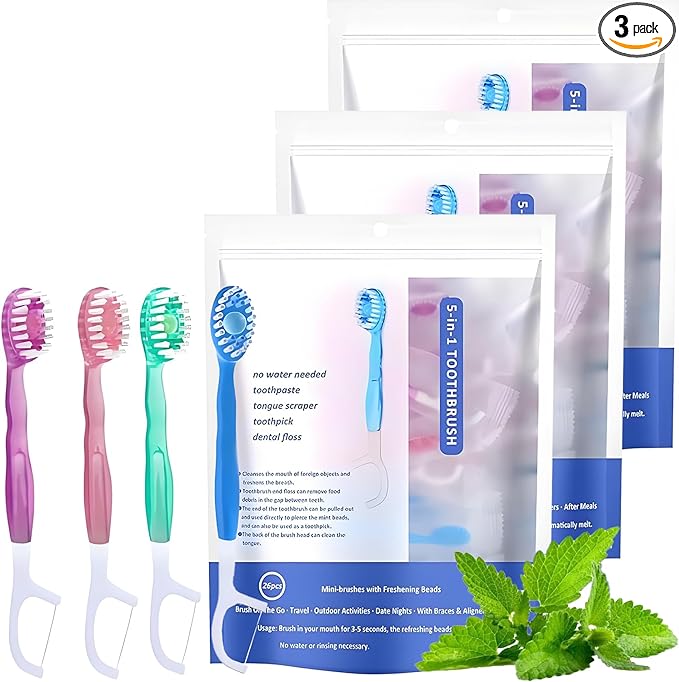 5 in 1 Mini Toothbrushes with Toothpaste, 26Pcs Toothbrush & Floss, All in one Oral Care on The go, 5 in 1 mini Brush, Toothpaste and Floss, Disposable Travel Toothbrush, 3 Set