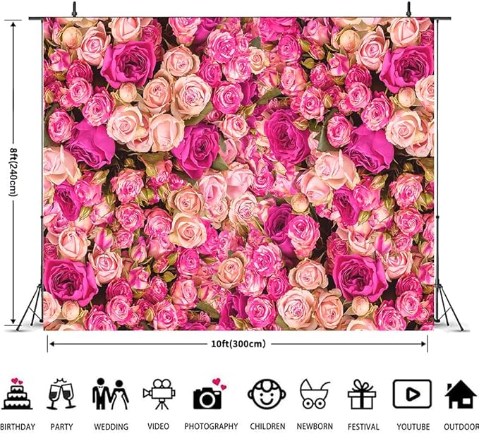 10x8ft Pink Red Rose Floral Wall Backdrop Flowers Photography Background Mothers Day Valentine's Day Backdrop Girls Birthday Party Baby Shower Wedding Decoration Banner