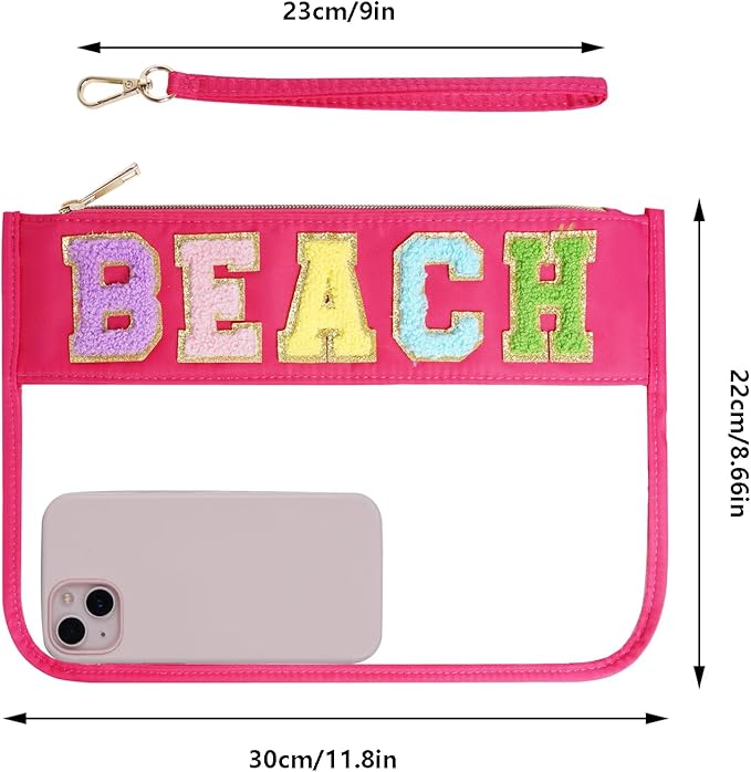 Chenille Letter Bag, Multi-purpose Nylon Clear Makeup Cosmetic Bags Flat Pouches with Zipper for Travel, Gym, Beach (Rose Red-Beach)