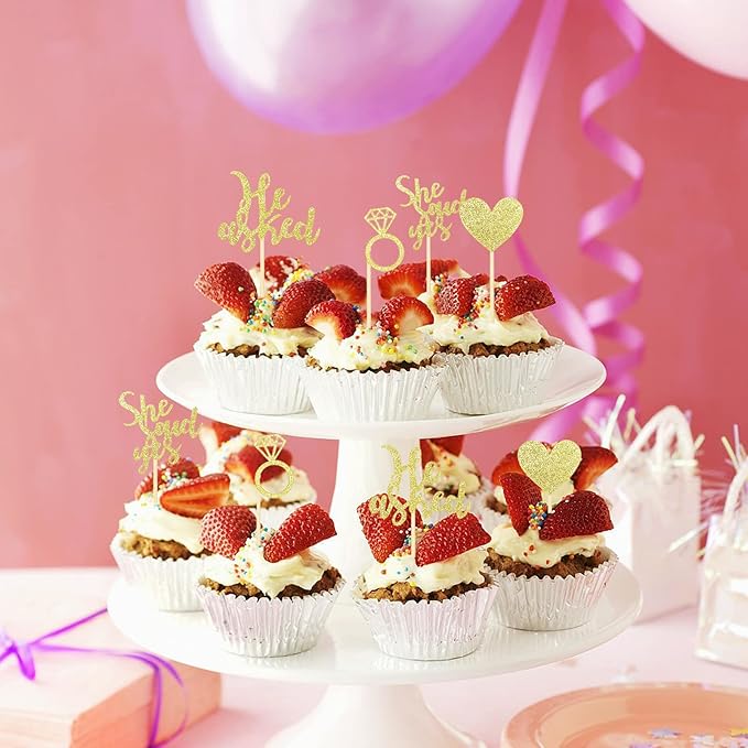 24 Pcs He Asked She Said Yes Cake Topper Gold Cupcake Toppers Heart Diamond Ring Cupcake Picks Glitter Cupcake Decorations for Wedding Engagement Bridal Shower Party Cake Decorations