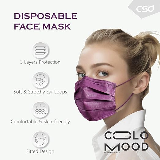 CSD Colo 30 Pcs Purple Disposable Face Masks, 3 Ply Adult Mask with Elastic Ear Loop, Nose Bridge Clip, Breathable Comfortable Mask Great for Indoor, Outdoors Use (Ultra Violet)