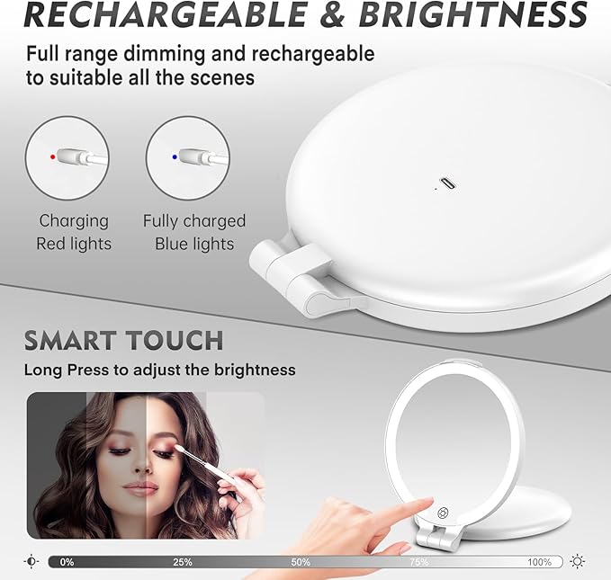 FUNTOUCH Travel Mirror with Light, 1X/10X Rechargeable Portable Magnifying Mirror with Light, Touch Switch & Adjustable Brightness Makeup Mirror for Plucking Eyebrows (7in)