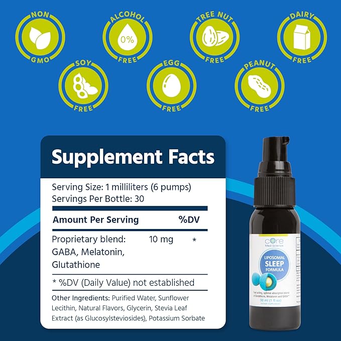 Liposomal Oral Sleep Spray Formula by Core Med Science, 1 Fl Oz - Melatonin Spray for Sleep & Relaxation - Glutathione, Melatonin, & GABA Sleep Aid Spray for Adults - Supports Restful & Quality Sleep