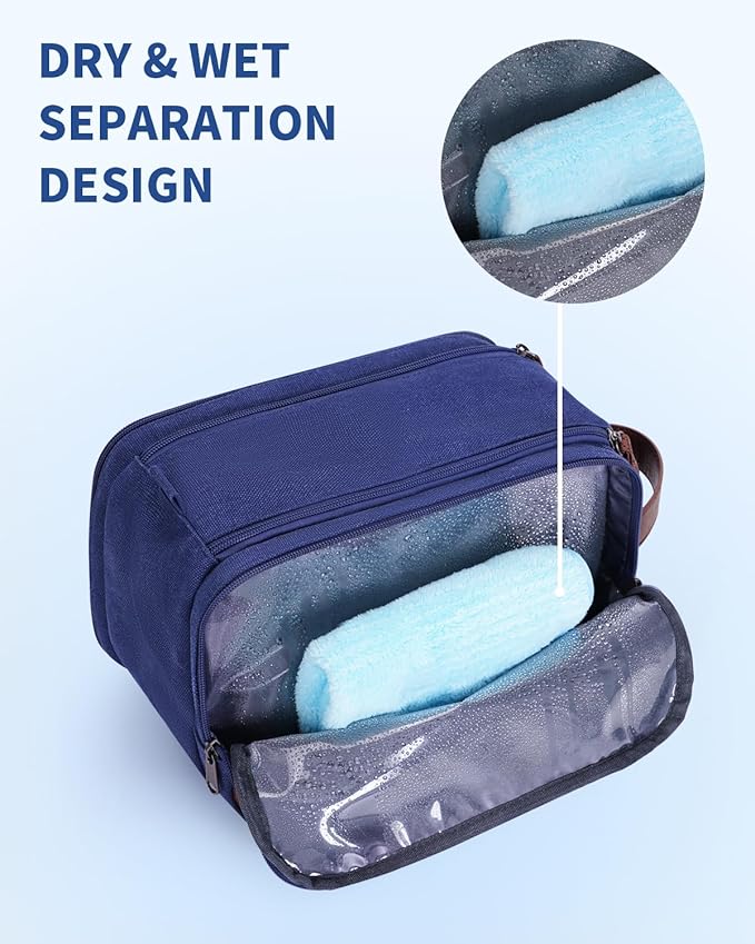 WANDF Toiletry Bag for Men Travel Toiletry Organizer Canvas and Leather Dopp Kit Water-Resistant Shaving Bag for Travel Accessories (Blue, Medium)
