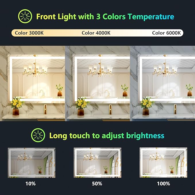 44x30 Inch RGB LED Bathroom Mirror Front Light and RGB Backlit Lighted Vanity Mirror for Bathroom Wall Mounted Dimmable Anti Fog Memory Shatter-Proof IP54 Waterproof Horizontal/Vertical