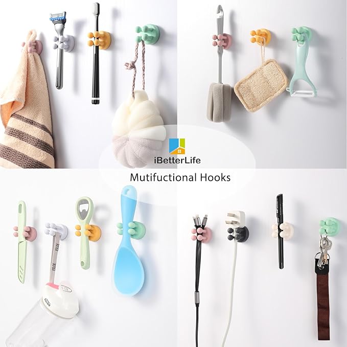 iBetterLife Tooth Brush Holder for Bathroom - 4Pcs Silicone Toothbrush Razor Holder for Shower Wall Mounted Self Adhesive Cute Storage Hook for Kids Hanging Loofah Towel for Kitchen Living Room Office
